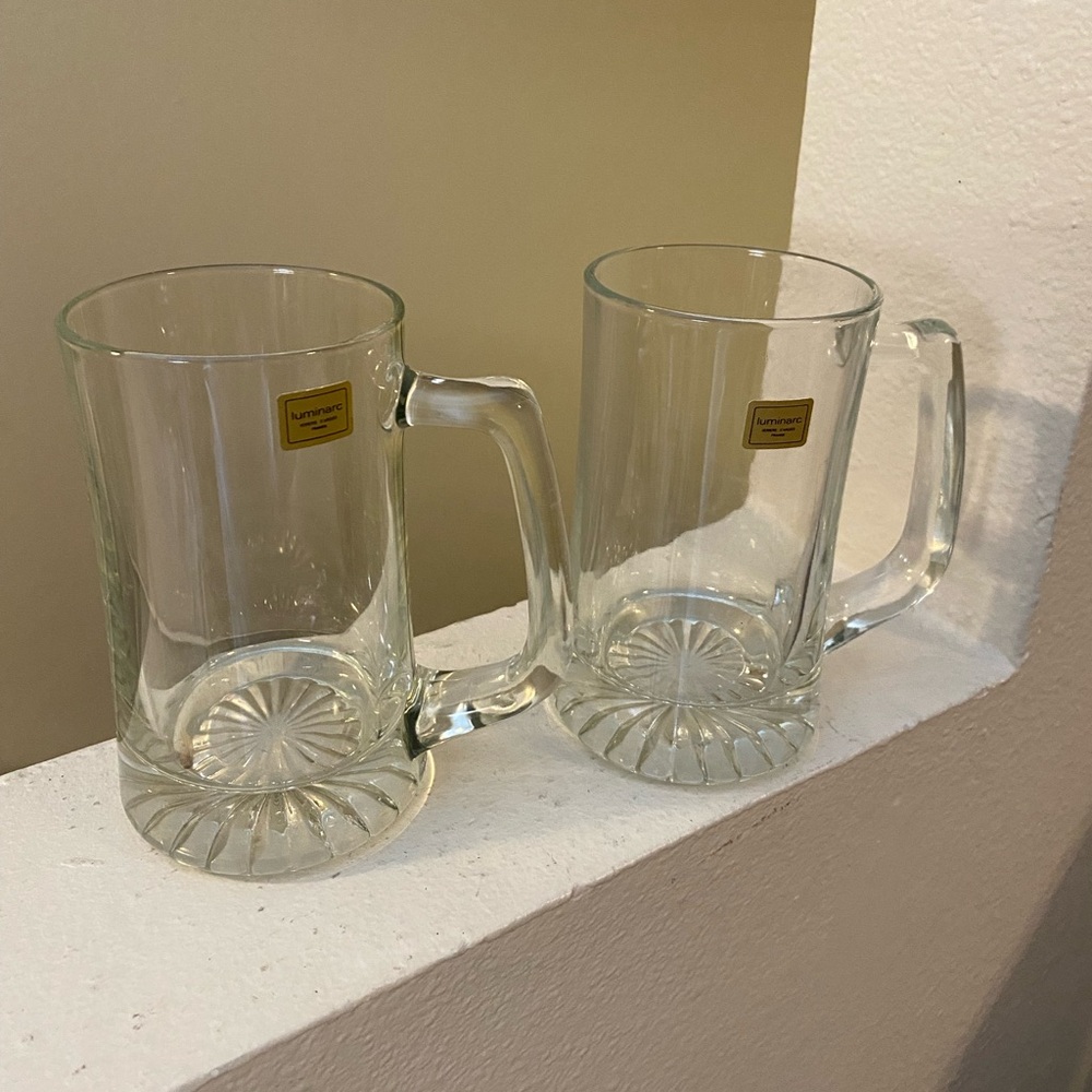 Luminarc Beer Mugs. Set of 2.France. NWT. Glass with Handle.